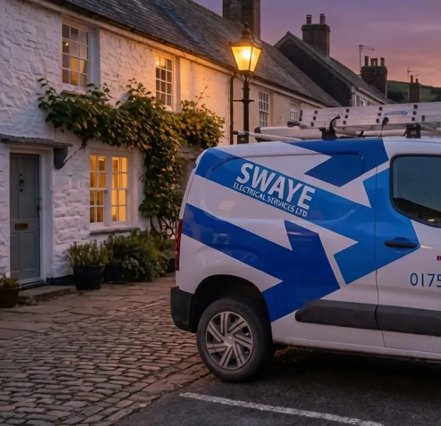 Swaye van parked beside a white cottage at dusk